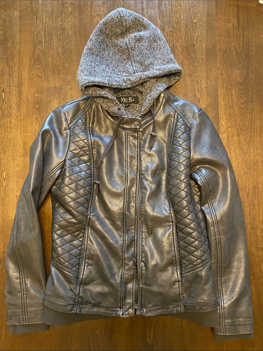 Women's Motorcycle style Charcoal Quilted Faux Leather Warm Jacket